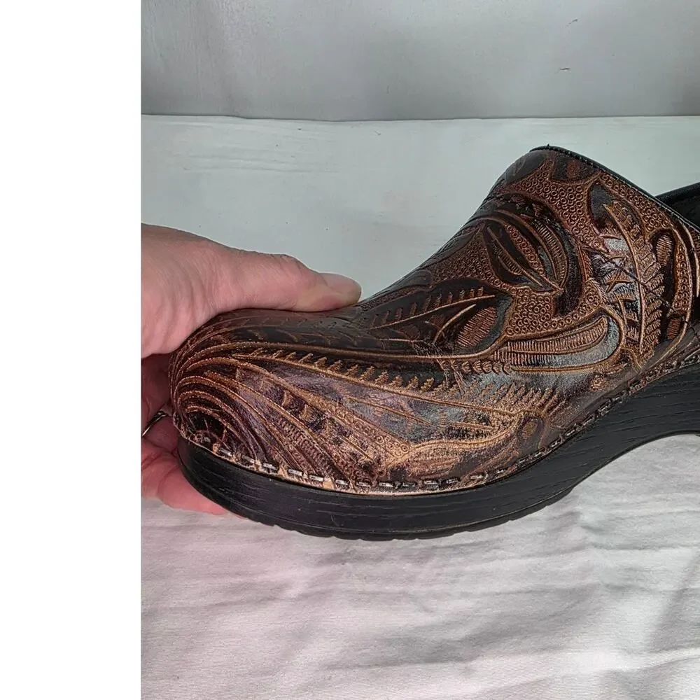 Dansko Brown Tooled Leather Clogs Floral Embossed Slip On Shoes Womens 10.5/11